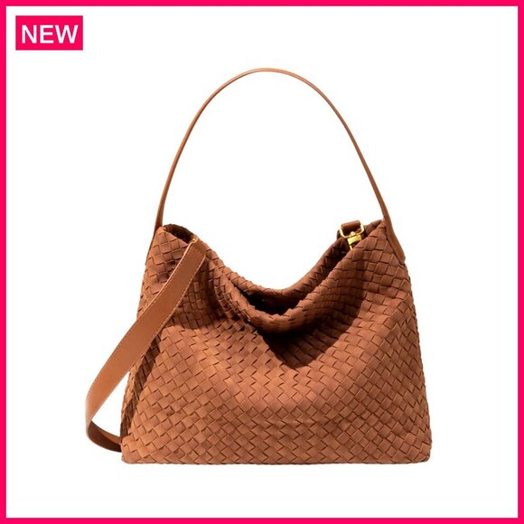 Handbags - Braided Leather Tote Bag with Woven Suede Details, Shoulder Bag